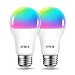 LVWIT Bombillas LED Inteligentes WiFi Regulable 10W 1055Lm, Lámpara E27 Multicolor Bombilla Compatible con Alexa, Google Home Assistant y App Smart Life/Tuya, A60 Equivalente a 80W RGB, 2 Pcs.