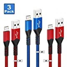 Cable Micro USB, Tujun [3 Unidades/3 pies+3 pies+6 pies] Android USB de Carga rápida Cable de Nailon para Samsung Galaxy S7 S6 S5 J7 Note 5, Kindle, Nexus, Sony, Xbox, HTC, PS4 y más Rojo + Azul.