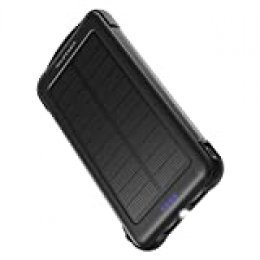 RAVPOWER Cargador Solar Portátil 10000mAh, Batería Externa con iSmart 2.0 y Dual Entrada (Toma De Corriente y Solar), Cargador Móvil Solar A Prueba De Golpes con Linterna para el iPhone, Galaxy