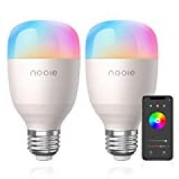 Bombilla LED Inteligente E27 10W Nooie Bombilla WiFi 2800K-6000K 800 Lúmenes multicolor de luz regulable Luz calida y RGB 16 Millones de Colores Funciona con Alexa y Google Home 2 unidades