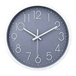 Reloj de pared moderno,grandes decorativos Silencioso interior reloj de cuarzo de cuarzo redondo No-ticking para sala de estar (Gris,12 pulgadas, Ø: 30 cm)