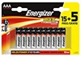 Energizer - Pack de 20 Pilas alcalinas MAX LR03 AAA, 50% más de Rendimiento, 1.5V