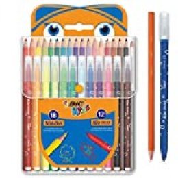 BIC Kids Kit para Colorear - 18 Lápices de colores, 12 rotuladores de colores, Estuche de Plástico de 30