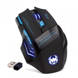 Zelotes Ratón inalámbrico profesional de 2,4 GHz, 7 botones 2400 dpi LED azul ratón óptico para juegos ratón para portátil, PC, Mac, ordenador portátil (negro)