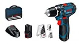 Bosch Professional GSR 12V-15 Atornillador, 2 baterías x 2,0 Ah, Set de 39 Accesorios, en maletín, Edición Amazon, 12 V, Azul