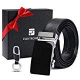 flintronic ® Cinturón Cuero Hombre, Cinturones Piel con Hebilla Automática,Cinturón de Negocios 3.5cm * 130cm, con Portachiavi y Confezione Regalo