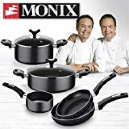 Monix Resistent Plus Batería De Cocina De 5 Piezas Y Lote De 2 Sartenes, Aluminio, Negro