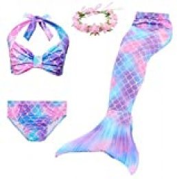 Cola de Sirena Niña 5pcs Traje de Baño Mermaid Bikini Establece Disfraz de Sirena Princesa Cosplay Conjuntos con Diadema de Flores y Monofín