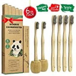 Cepillo Dientes Bambu Paquete de 6 + 2 Portacepillos de Dientes, Cepillos de Dientes de Bambú con cerdas de carbón de bambú para Una Mejor Limpieza, Embalaje Reciclable, 100% libre de BPA