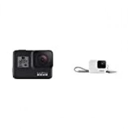 GoPro HERO7 Black - Cámara de acción (sumergible hasta 10 m, pantalla táctil, vídeo 4K HD, fotos de 12 MP, transmisión en directo y estabilizador) negro + Funda para cámara, incluye cordón, blanco