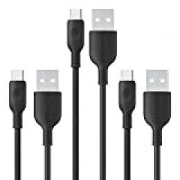 RAVPower - Pack de 3 Cables Micro USB de sincronización y Carga (1 y 2 m) para teléfonos móviles y tabletas (no para iPhone o iPad), Color Negro