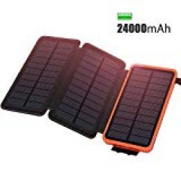 ADDTOP Cargador Solar 24000mAh Cargador Portátil Impermeable Power Bank con 3 Paneles solares Li-Polímero Batería Externa 2 USB para Smartphone Tablet PC