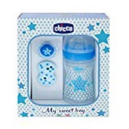Chicco Wellbeing - Set de regalo con biberón, chupete y clip de silicona, color azul