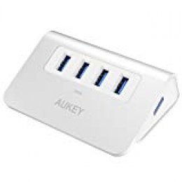 AUKEY Hub USB 3.0 4 Puertos Aluminio SuperSpeed 5Gbps con Cable USB 3.0 50cm y LED USB Data Hub para Apple MacBook, Macbook Air, Macbook Pro, iMac y Ordenador Portátil - Plata