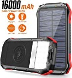 ORITO Cargador Solar Portátil Power Bank Solar 16000mAh, Batería Externa Solar con Carga Rápida 2 Salidas USB y 1 Entrada USB-C IP65 Impermeable 15 LED Linterna SOS 4 Modos, para Smartphones y iPad