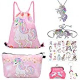 RHCPFOVR Unicorn Gifts for Girls 6 Pack - Unicornio Mochila con cordón/Maquillaje Bolsa/Collar Colgante de Unicornio/Pulsera/Lazos para el Cabello/Bolsa de Regalo