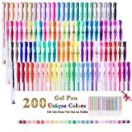 Juego de 200 bolígrafos de gel, 100 colores de gel y 100 recambios de color, perfectos para libros de colorear para adultos, marcadores de dibujo