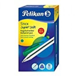 Pelikan Bolígrafo Super Soft Stick, pack ahorro de 12 piezas, verde, mango triangular ergonómico, tinta deslizante de calidad alemana, para escuela y oficina 804400
