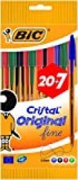 BIC Cristal Original Fine - Bolígrafos punta fina (0.8 mm), Blíster de 20+7 unidades, Colores Surtidos