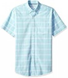 Amazon Essentials – Camisa Oxford de manga corta de corte recto para hombre, Azul (Aqua Windowpane Aqu), US S (EU S)