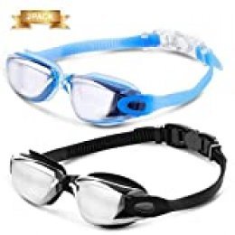 Gafas de natación, lentes de espejo tintadas antivaho CAMTOA protección UV parahombres, regalo cuatro almohadillas nasales de gafas y dos pares de tapones para los oídos, paquete de 2, negro, azul