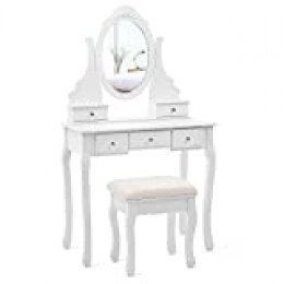 SONGMICS Tocador con Espejo, Mesa para Maquillaje, con Taburete y Cajones, Blanco RDT09W