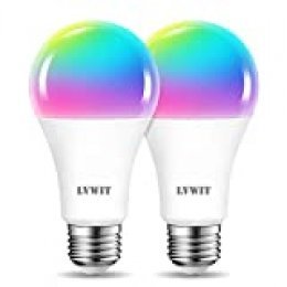 LVWIT Bombillas LED Inteligentes WiFi Regulable 12W 1521Lm, Lámpara E27 Multicolor Bombilla Funciona con Alexa, Google Home Assistant y App Smart Life/Tuya, A70 Equivalente a 100W RGB, 2 Pcs.