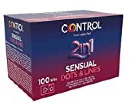 Control 2in1 Sensual Dots&Lines Preservativos - Caja de condones con puntos y estrías + dosis de lubricante - 100 unidades (pack extra grande)