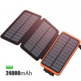 FEELLE Cargador Solar 24000mAh Batería Externa, Portátil Power Bank con 3 Paneles Solares con USB 2.1A Cargador para Android Phones, Tablet y Otros Smartphones
