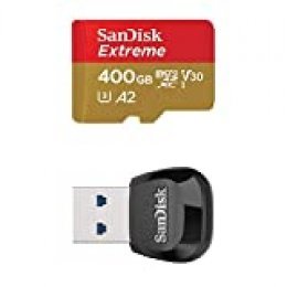 SanDisk Extreme - Tarjeta de memoria microSDXC de 400 GB con adaptador SD, A2, hasta 160 MB/s, Class 10, U3 y V30 + MobileMate Lector de tarjetas MicroSD, USB 3.0