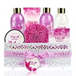 BODY & EARTH Canasta de regalo para mujeres, set de regalo Tulip Scent para mujeres con baño de espuma, gel de ducha, leche corporal con crema y loción,y mucho más