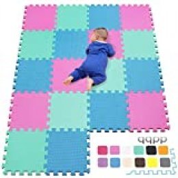 qqpp Alfombra Puzzle para Niños Bebe Infantil - Suelo de Goma EVA Suave. 18 Piezas (30*30*1cm), Rosa, Azul, Verde.QQC-CGHb18N