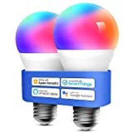 Meross Bombilla LED Multicolor, Inteligente, WiFi, Regulable, Mando a distancia, 60 W, Equivalente a E27, 2700-6500 K, Compatible con Apple HomeKit, Alexa Echo y Google Home. Paquete de 2.