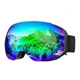 ENKEEO - Gafas de Esquí Snowboard, VLT 14.8% Lente Anti-Niebla de Dual Capa, 100% UV400 protección, Marco doblable con Correa Antideslizante, 3 Capas de Espuma Resistente al Viento, Verde
