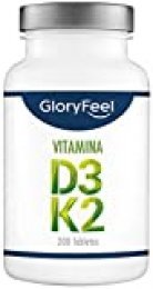 GloryFeel® Vitamina D3 + K2 - Bote con 200 tabletas - 5.000 UI de vitamina D3 y 200 µg de vitamina K por tableta - Vitamina K2 original Menaquinona MK-7 All-Trans 99% - Hecho en Alemania