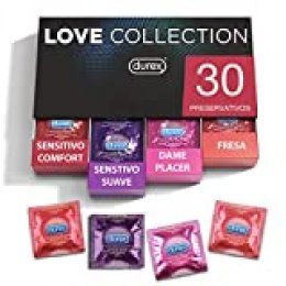 Durex - Preservativos Love Collection sabor fresa, dame placer, sensitivo suave y sensitivo comfort - 30 condones