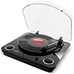 ION Audio Max LP - Tocadiscos de vinilo de 3 Velocidades con Altavoces estéreo, Salidas Auriculares y RCA, Salida USB para Convertir Discos de Vinilo a Archivos Digitales, Acabado en Negro Piano