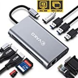 VaKo Hub USB C a HDMI 12 En 1 Pantalla Triple Adaptador Dual 4K-HDMI, VGA,Type C PD, 4 USB Ports, Gigablit Ethernet RJ45, Lector de Tarjetas SD/TF portátil USB Type-C para Macbook, iMac y más