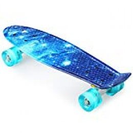 ENKEEO - Monopatín Skateboards Retro Crucero (22 Pulgadas, 4 PU Ruedas traslúcidas, Tabla de plástico Reforzado, rodamiento ABEC-7) Cielo Estrellado Azul