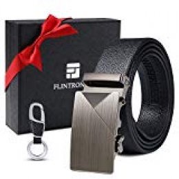 flintronic ® Cinturón Cuero Hombre, Cinturones Piel con Hebilla Automática,Cinturón de Negocios 3.5cm * 130cm, con Portachiavi y Confezione Regalo