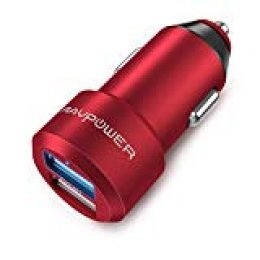 RAVPower Cargador de Coche 24W 4.8A Dual USB Adaptador Automóvil con Tecnología iSmart Funda de Material de Aluminio Compatible con iPad Samsung Galaxy LG Nexus - Rojo